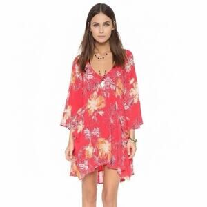 Free People Sz 4 Red Floral Bell Sleeves Pleated Flowy Tunic Dress Boho Resort